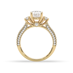 Vintage Style Three Stone Oval Cut Diamond Engagement Ring Four Claw Setting Centre Stone Milgrain Pave Setting Side Stones In 18K Yellow Gold