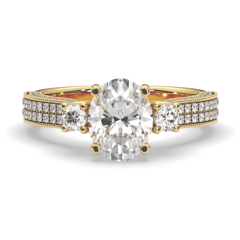 Vintage Style Three Stone Oval Cut Diamond Engagement Ring Four Claw Setting Centre Stone Milgrain Pave Setting Side Stones In 18K Yellow Gold