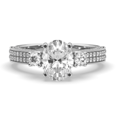 Oval Cut Vintage Three Stone Diamond Engagement Ring Four Claw Setting Centre Stone Milgrain Pave Setting Side Stones In 18K White Gold 