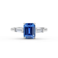 Emerald Cut Ceylon Blue Sapphire Diamond Engagement Ring with Tapered Diamond Shoulder  In 18K White Gold