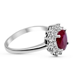 Ruby Diamond Halo Engagement Ring Oval Cut Claw Setting In 18K White Gold 