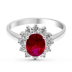 Ruby Diamond Halo Engagement Ring Oval Cut Claw Setting In 18K White Gold 