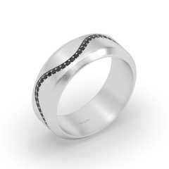 Diagonal Black Diamond Line Gents Wedding Ring 7.00MM Width Satin Finish Comfort Fit Set in 18K White Gold 