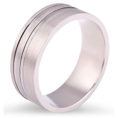 8.0MM Gents Wedding Band with Double Inlay Set in 9K White Gold