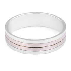 6.00MM 9K Rose and White Gold Wedding Band with Inlay Detail and combination of polished and brushed metal