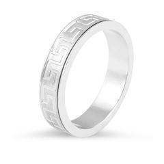 Modern brushed 5.00MM Gents Wedding Band with Greek Ornament Pattern In 9K White Gold 