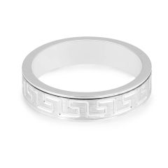 Modern brushed 5.00MM Gents Wedding Band with Greek Ornament Pattern In 9K White Gold 
