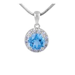  Round Swiss Blue Topaz and Diamond Halo Pendant in 18 Karat White Gold