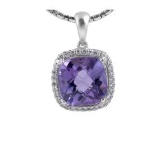 Cushion Cut Amethyst and Diamond Halo Pendant in 18 Karat White Gold