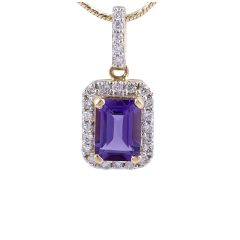 Emerald Cut Ameythyst and Diamond Halo Pendant in 18 Karat Yellow Gold
