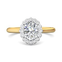 Claw Set Oval Cut Diamond Halo Engagement Ring with Plain Band -18K Yellow