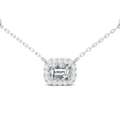 Emerald Cut Halo Diamond Pendant 4 Claw Setting Centre Stone Pave Setting Side Stone In 18K White Gold 