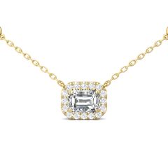Halo Diamond Necklace Emerald Cut Four Claw Setting Adjustable Chain In 18K Yellow Gold 