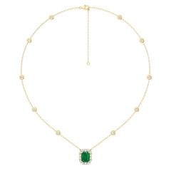  Emerald Station Necklace By The Yard Emerald cut Diamond halo 4 Claw Setting In 18K Yellow Gold 