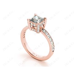 Princess Cut Diamond Engagement Ring with Claw set centre stone with Pave Set Prongs and Side Stones in 18K Rose