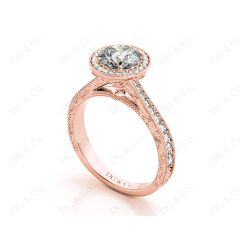 Round Cut Halo Vintage Diamond Engagement Ring With Claw Set Centre Stone in 18K Rose