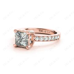 Princess Cut Diamond Engagement Ring with Claw set centre stone with Pave Set Prongs and Side Stones in 18K Rose