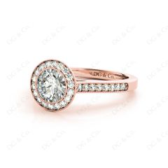Round Cut Halo Diamond Engagement Ring with Bezel Milgrain Set Centre stone in 18K Rose