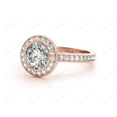 Vintage Style Round Cut Halo Diamond Ring with Bezel Set Centre Stone in 18K Rose