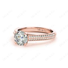 Round Cut Four Claws Diamond Ring in a Milgrain Pave Setting Side Stones in 18K Rose
