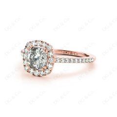 Cushion Cut Halo Diamond Engagement Ring with Claw Set Centre Stone in 18K Rose