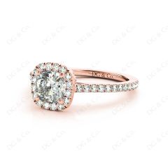 Cushion Cut Halo Diamond Engagement Ring with Claw Set Centre Stone with Pave Set Side Stones in 18K Rose