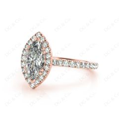 Marquise Cut Halo Diamond Engagement Ring with Claw Set Centre Stone with Pavé Set Side Stones in 18K Rose