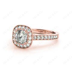 Halo Cushion Cut Ring with Four Claws Set Centre Stone in 18K Rose