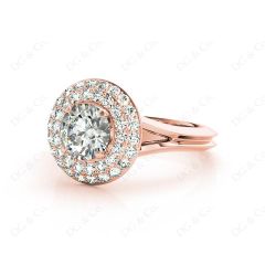 Round Cut Double Halo Plain Band Diamond Engagement ring with claw set centre stone in 18K Rose