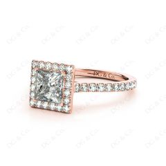 Princess Cut Halo Diamond Engagement Ring with Claw set centre stone in 18K Rose
