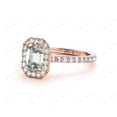 Emerald Cut Halo Diamond Engagement Ring with Four Claws Set Centre Stone in 18K Rose