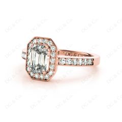Emerald Cut Halo Diamond Engagement Ring with Claw Set Centre Stone in 18K Rose