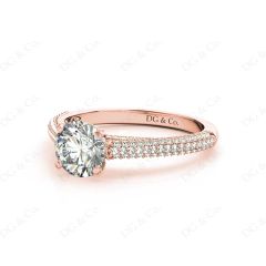 Vintage Style Round Cut Four Claw Set Diamond Ring with Micro Pave Set Stones Down the Shoulders In 18K Rose