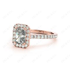 Radiant Cut Halo Diamond Engagement Ring with Claw Set Centre Stone Pave Diamond Setting Side Stones In 18K Rose