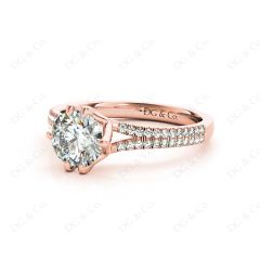 Round Cut Six Prongs Diamond Ring with Pave Set Split Band in 18K Rose