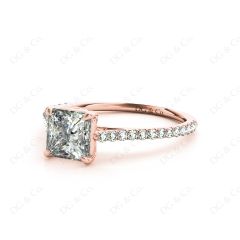 Princess Cut Four Claws Diamond Engagement Ring Pave Set Side Stones in 18K Rose