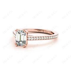 Emerald Cut Four Prongs Diamond Ring with Channel Set Side Stones in 18K Rose