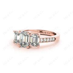 Emerald Cut Trilogy Ring with Channel Set Shoulder Diamonds in 18K Rose