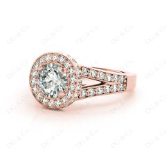 Round Cut Halo Diamond Engagement Ring Split Band with Four Claws Set Centre Stone in 18K Rose