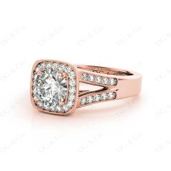 Vintage Style Round Cut Split Shank Milgrain Halo Set Engagement Ring with Channel Set Side Stones in 18K Rose