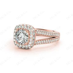 Round Cut Split Shank Milgrain Halo Engagement Ring with Micro Pave Set Diamonds on the Halo and sidestones in 18K Rose