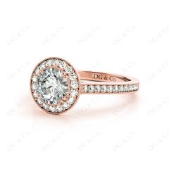 Halo Diamond Engagement Ring Round Cut with Claw Set Centre Stone Miligrain Share Prong Side Stones in 18K Rose Gold
