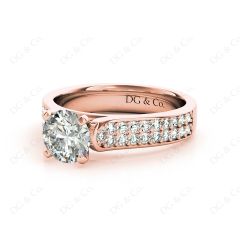 Round Cut Four Claws V Set Diamond Ring with Pave Set Side stones in 18K Rose