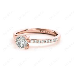 Round Cut Three Claws Diamond Ring with Pave Set Side Stones in 18K Rose