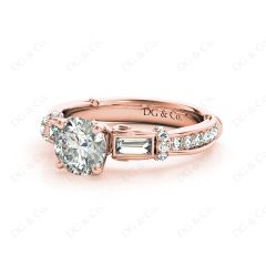 Round Cut Vintage Style Three Stone Engagement Ring with Tapered Baguette Bezel Set and Pavé Set Side Stones  in 18K Rose