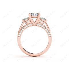 Three Stone Diamond Engagement Ring Round Cut with a Channel Share Prong Shoulder Setting in 18K Rose Gold
