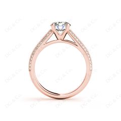 Round Cut Four Claws Diamond Ring in a Milgrain Pave Setting Side Stones in 18K Rose