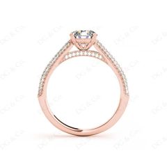 Vintage Style Round Cut Four Claw Set Diamond Ring with Micro Pave Set Stones Down the Shoulders In 18K Rose