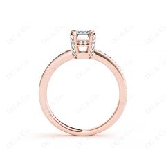Emerald Cut Four Claw Diamond Ring with grain set side stones in 18K Rose