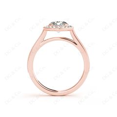 Halo Diamond Engagement Ring Round Cut with Claw Set Centre Stone Miligrain Share Prong Side Stones in 18K Rose Gold